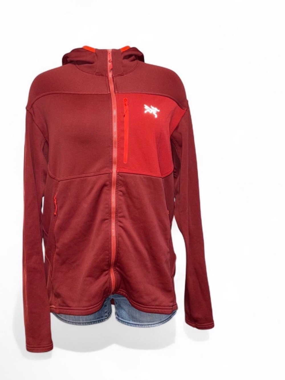 Arc'teryx Women's Hooded Utility Jacket in Deep Red with Orange Accents